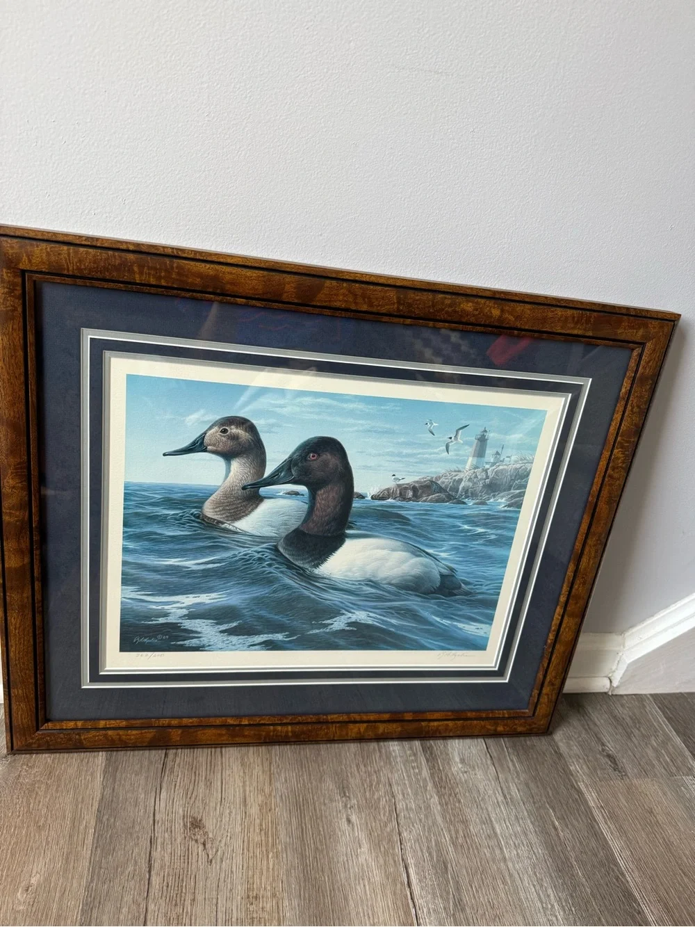 Rob Leslie 1989 Vintage Print Framed Ducks In Ocean Seagulls Numbered And Hand